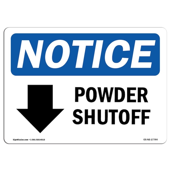 Safety Sign, OSHA Notice, 12" Height, Power Shutoff (Down Arrow) Sign With Symbol, Landscape